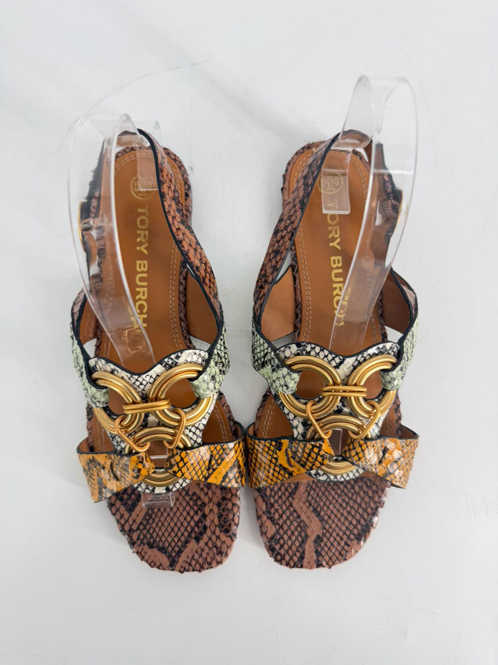 TORY BURCH Size 8.5 Brown, Mint & Orange Leather Animal Print Sandals