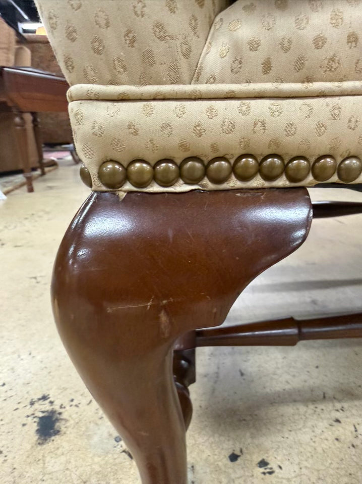 VINTAGE Queen Ann Ivory Pair Of Wingback Chairs w/ Nail Head Detail
