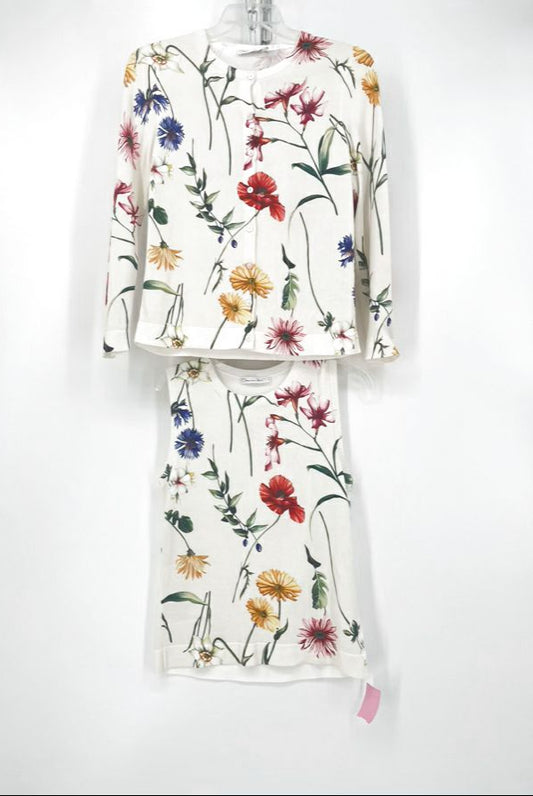 OSCAR DE LA RENTA Size M Beige Floral Print Cardigan & Shell 2pc Top