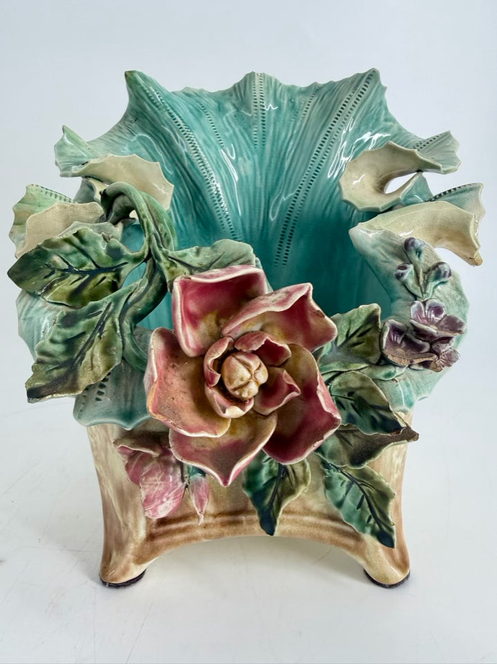 ENGLAND Aqua & Tan Majolica Pair Of Slip Pot Platters