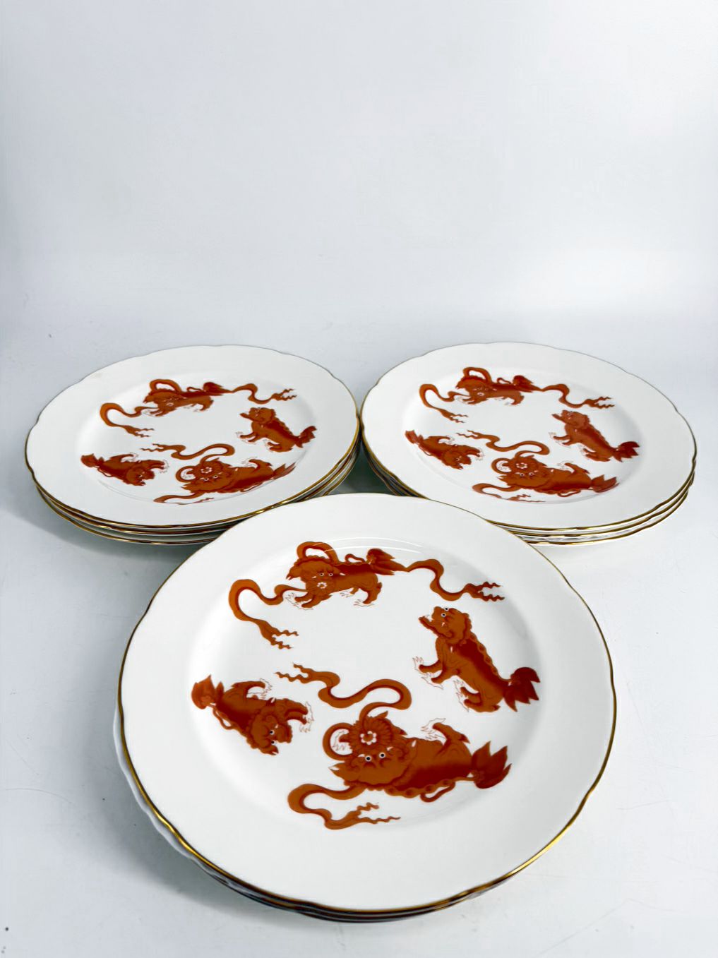WEDGWOOD Red Chinese Tigers White & Orange Ceramic Dinnerware Setting For 9