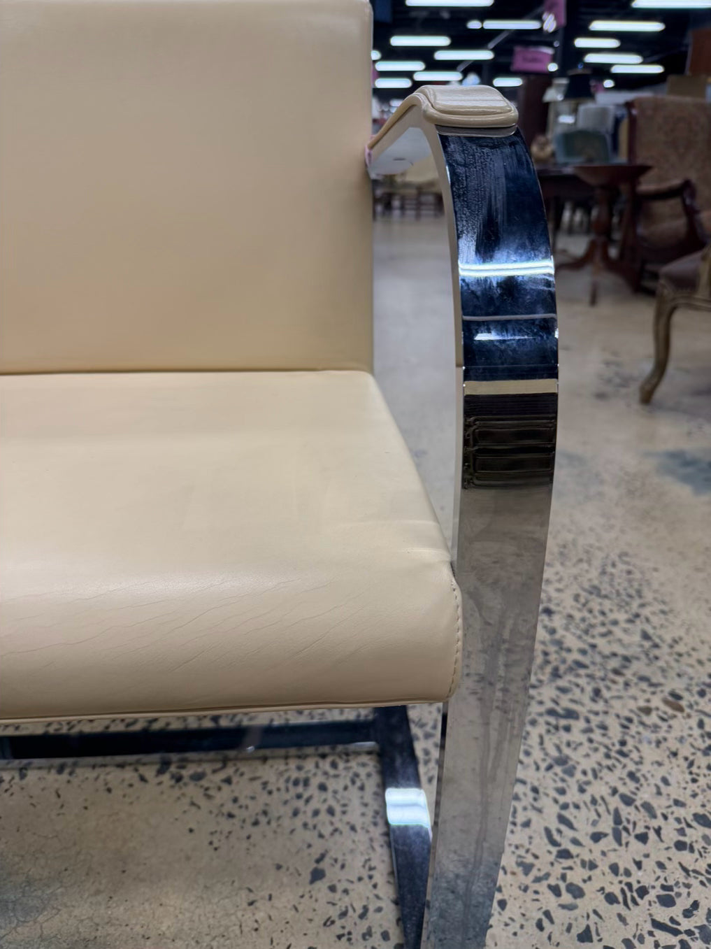 Knoll Style Cream Leather Like Chair w/ Chrome Legs