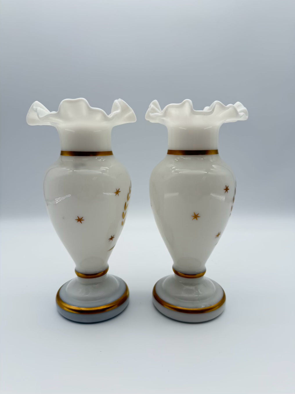VINTAGE White Opaline Pair Of Vases w/ Ruffled Top & Gold Trim