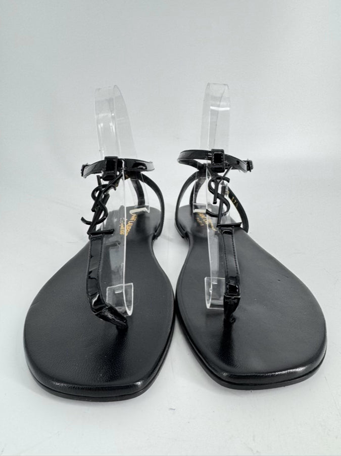 SAINT LAURENT Size 37.5 Black Leather Logo Sandals