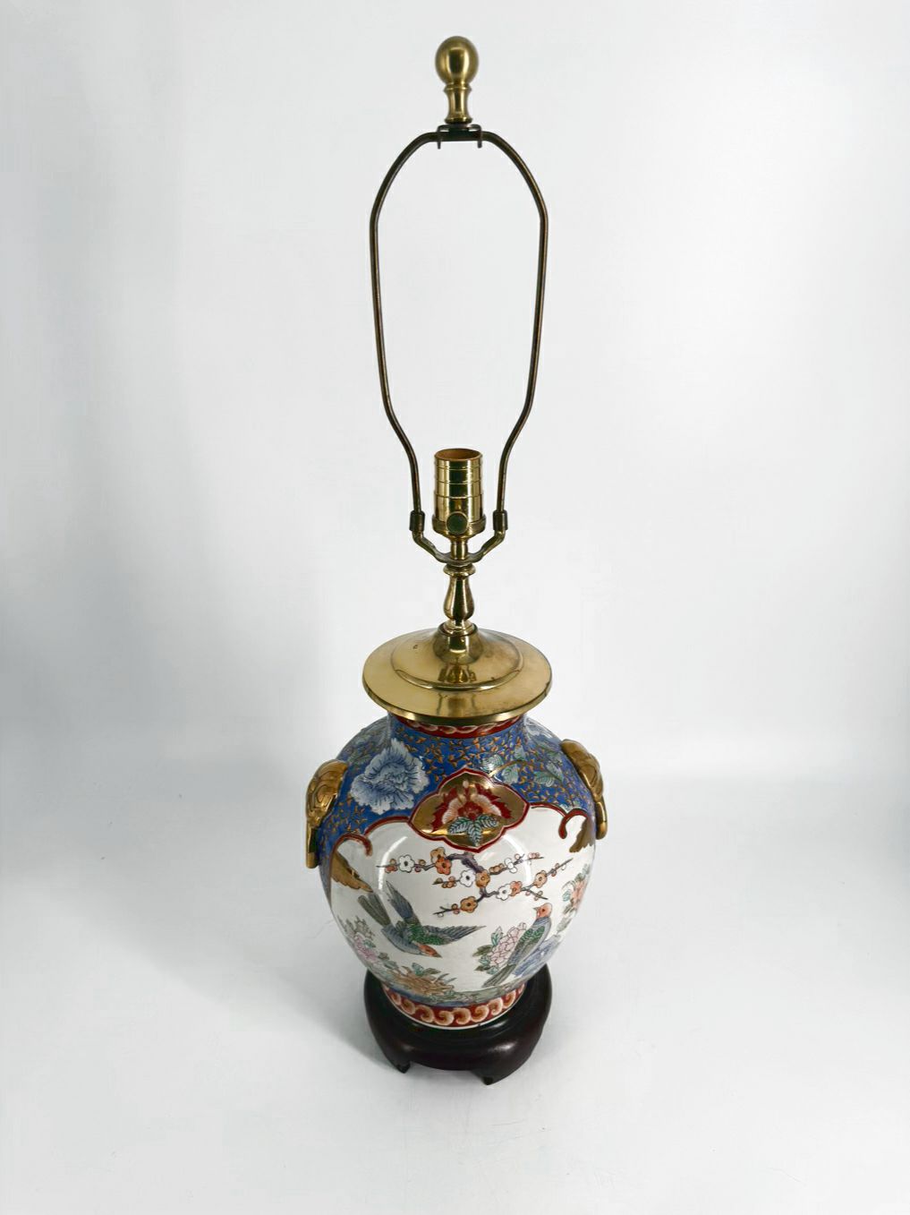Blue, White & Rust Oriental Porcelain Birds Lamp No Shade