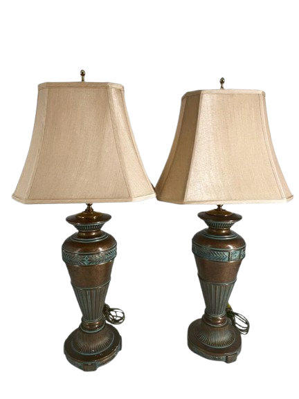 Gold & Aqua Metal Pair of Lamps w/ Shades