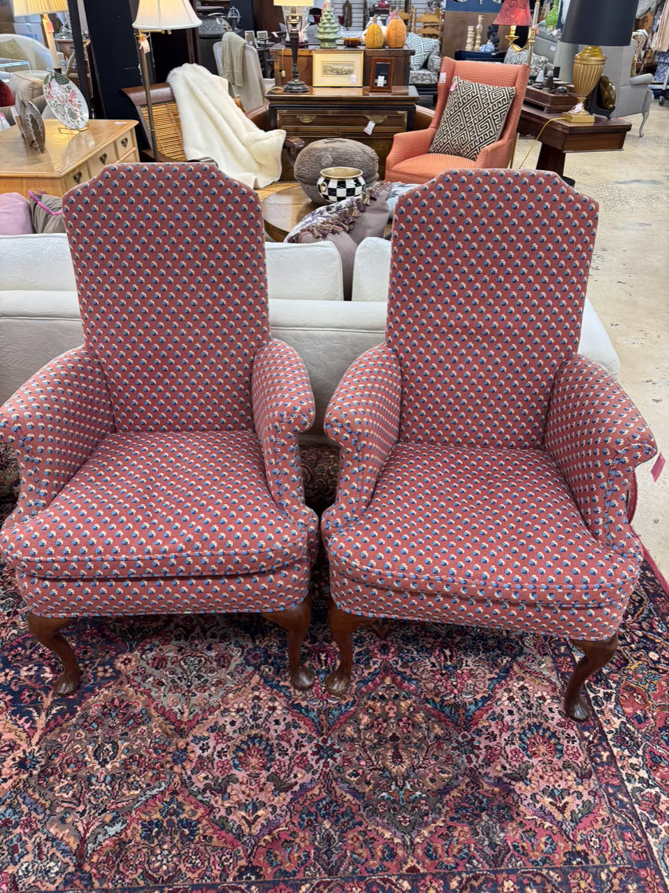 Red & Blue Queen Ann Pair of Chairs