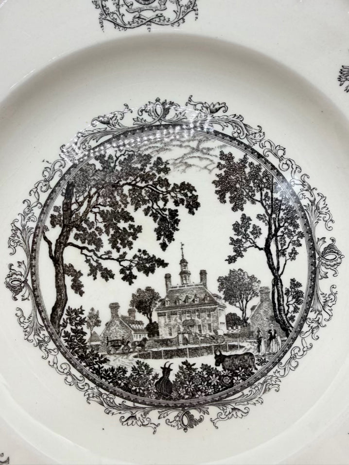 WILLIAMSBURG White & Black Transferware Set Of 8 Dinnerware Plates