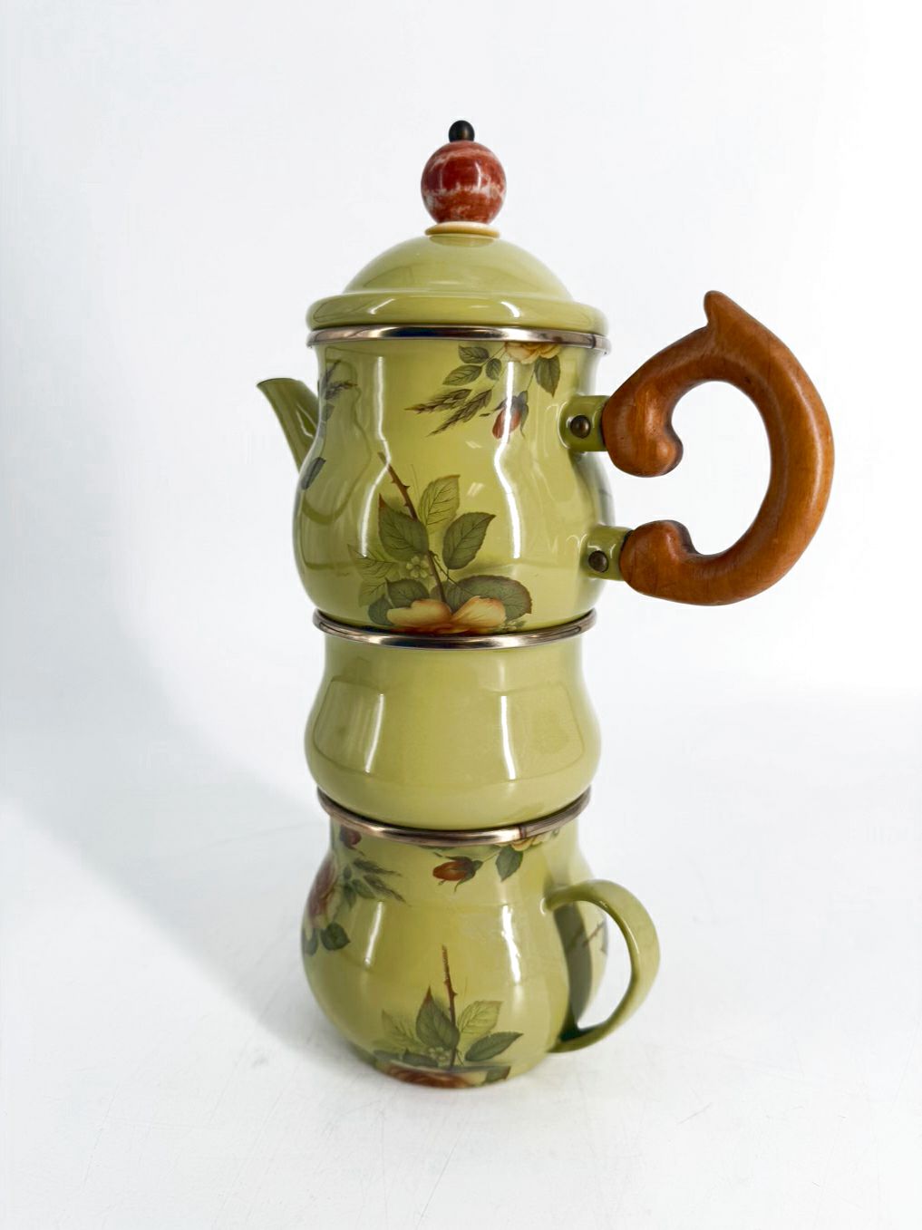 MACKENZIE CHILDS Green Enamel Floral 3 Piece Tea Set