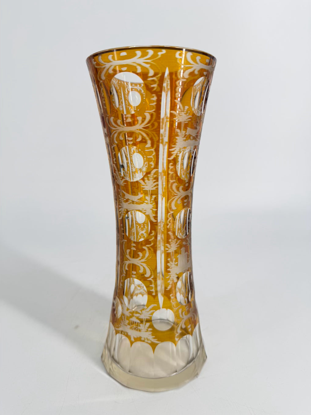 BOHEMIAN Amber & Clear Crystal Woodland Design Vase