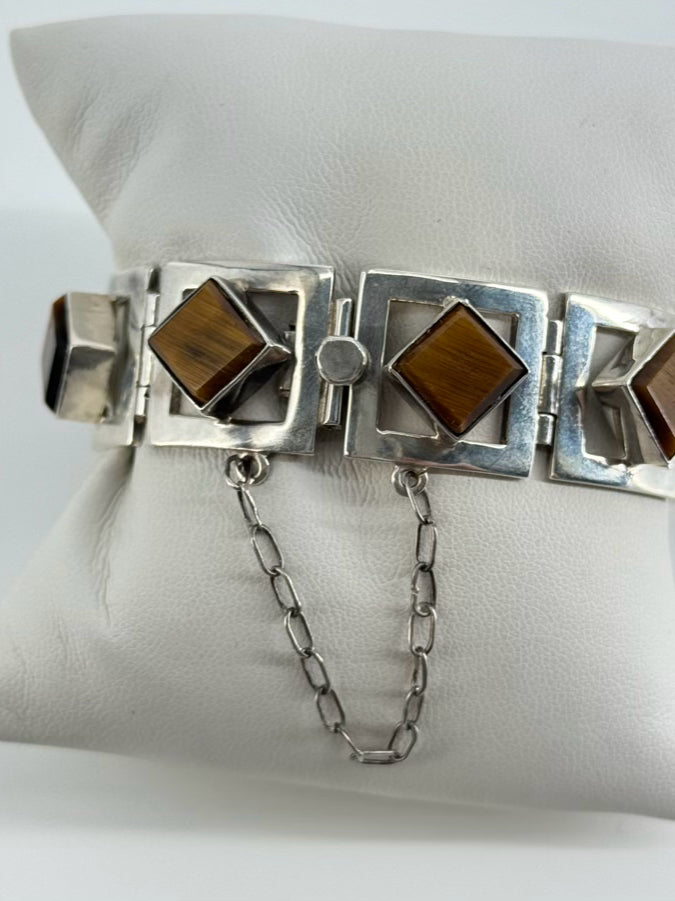 TAXCO MEXICAN STERLING SILVER Tigers Eye Mid-Century Bracelet