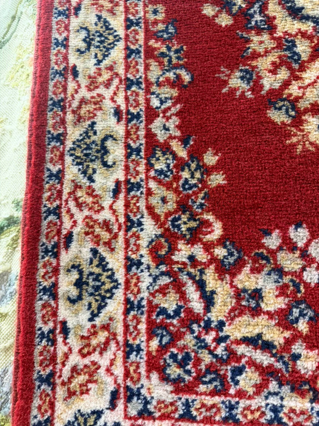 Oriental Red, Cream & Blue Area Rug w/ Fringe