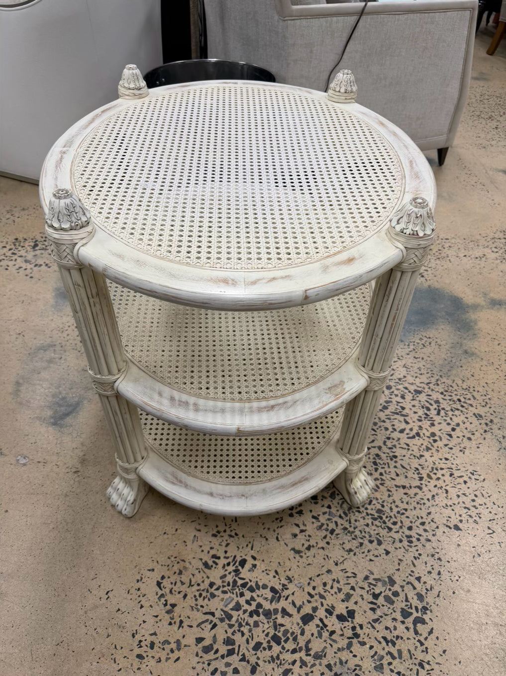 White Wood Occasional 3 Tier Table w/ Cane Shelves