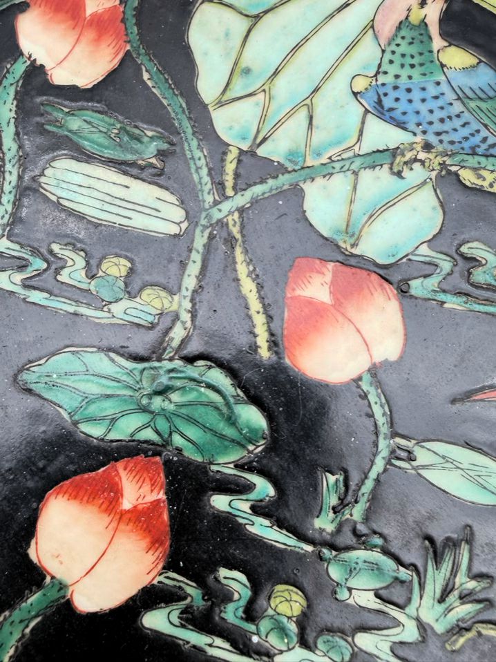 CHINOISENE Porcelain Green & Black Large Shallow Bowl w/ Lotus Pond Scene