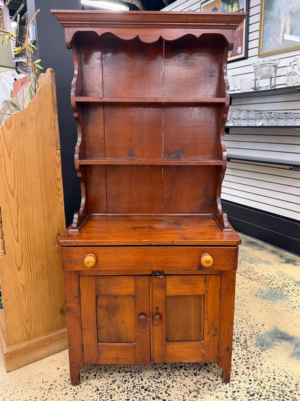 Wood Step Back Cupboard 2 Piece w/ Drawers & Shelves