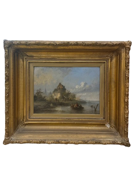 Old River Landscape Painting in Gold Wood Frame