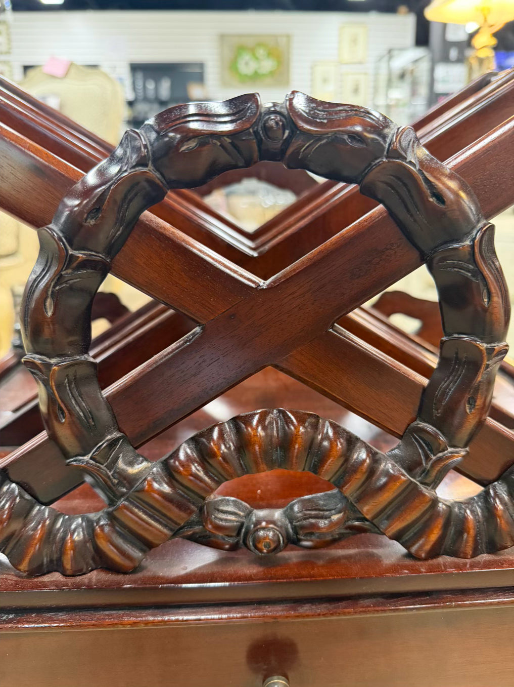 ENGLISH Dark Mahogany Canterbury Rack Magazine Stand w/ Bottom Drawer