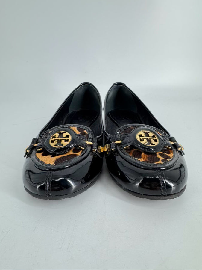 TORY BURCH Size 8 Black Leather Leopard Print Animal Hair Flats