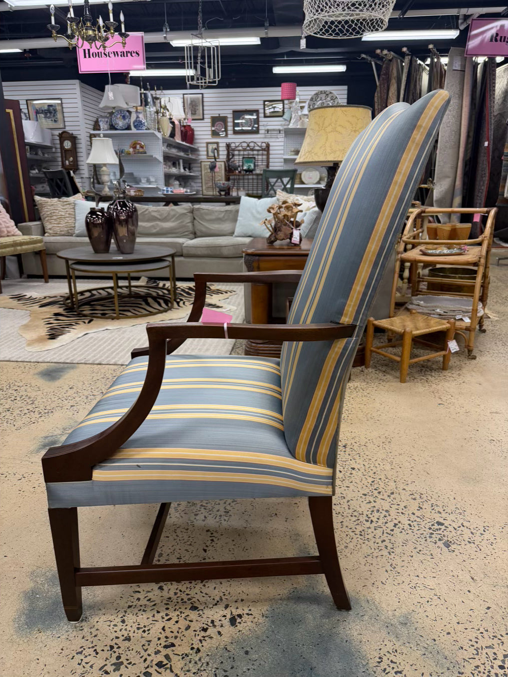 KINDEL MARTHA WASHINGTON Wood Chair w/ Blue & Yellow Stripe Fabric