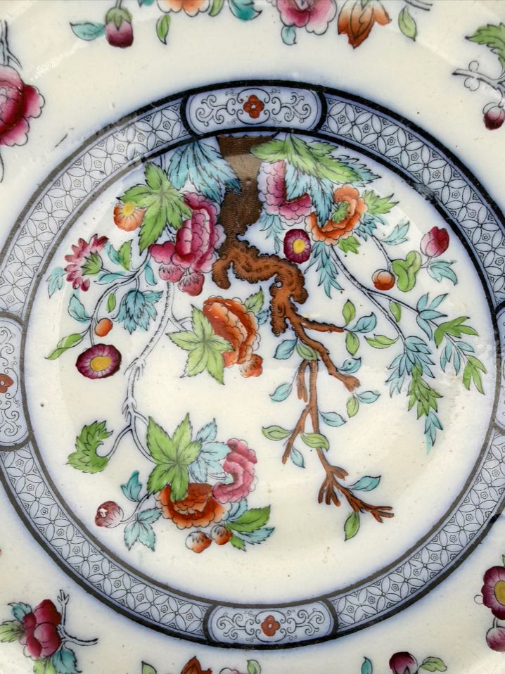 Blue, White & Pink Porcelain Floral Decorative Footed Plate