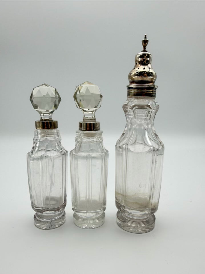 VINTAGE Silver Plate & Glass Cruet & Dispenser 7 Piece Set w/ Holder