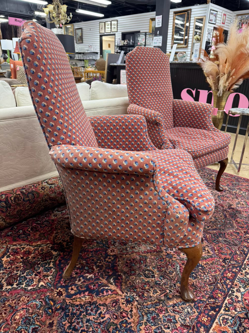 Red & Blue Queen Ann Pair of Chairs