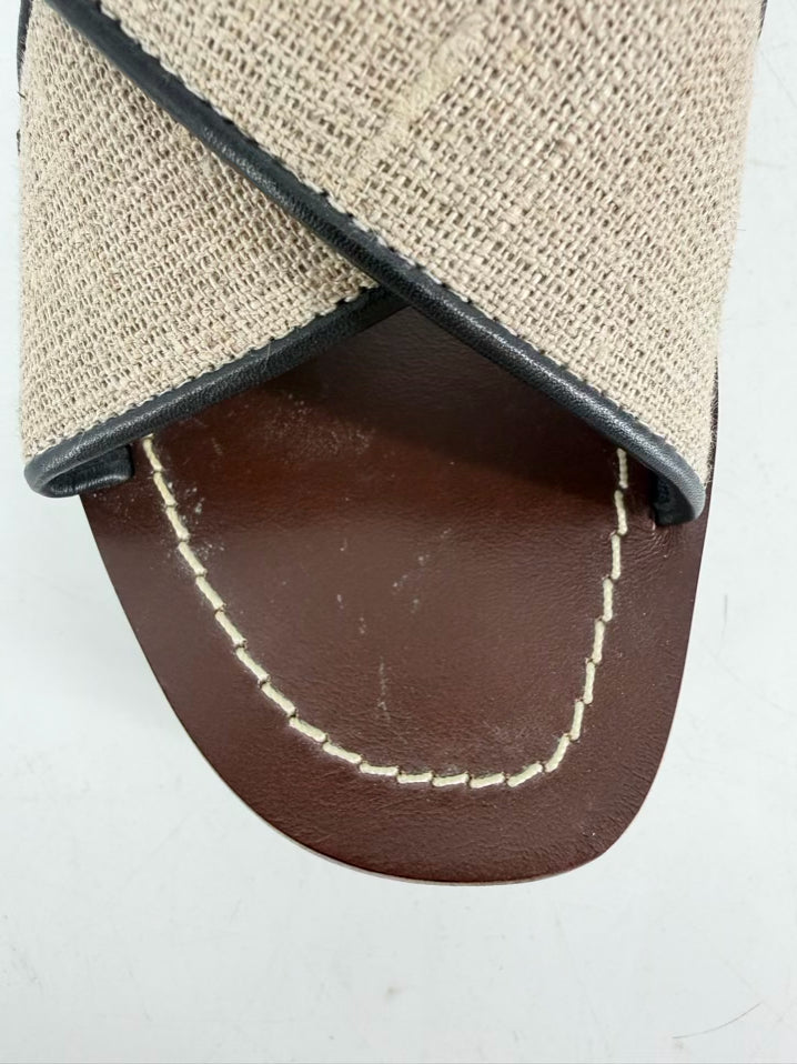 TORY BURCH Size WMNS 8.5 Black & Beige Canvas and Leather Platform Slide Sandals