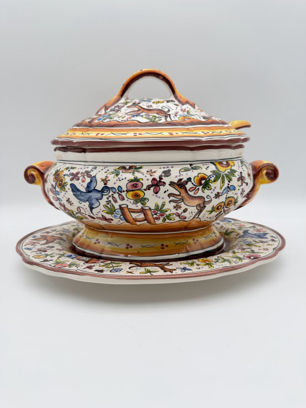 HOLU PORTUGAL Brown & Yellow Pottery Hand Painted Soup Tureen
