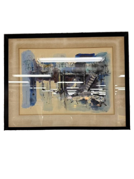 BERKMAN Abstract Waterfront Scene Watercolor In Black Frame