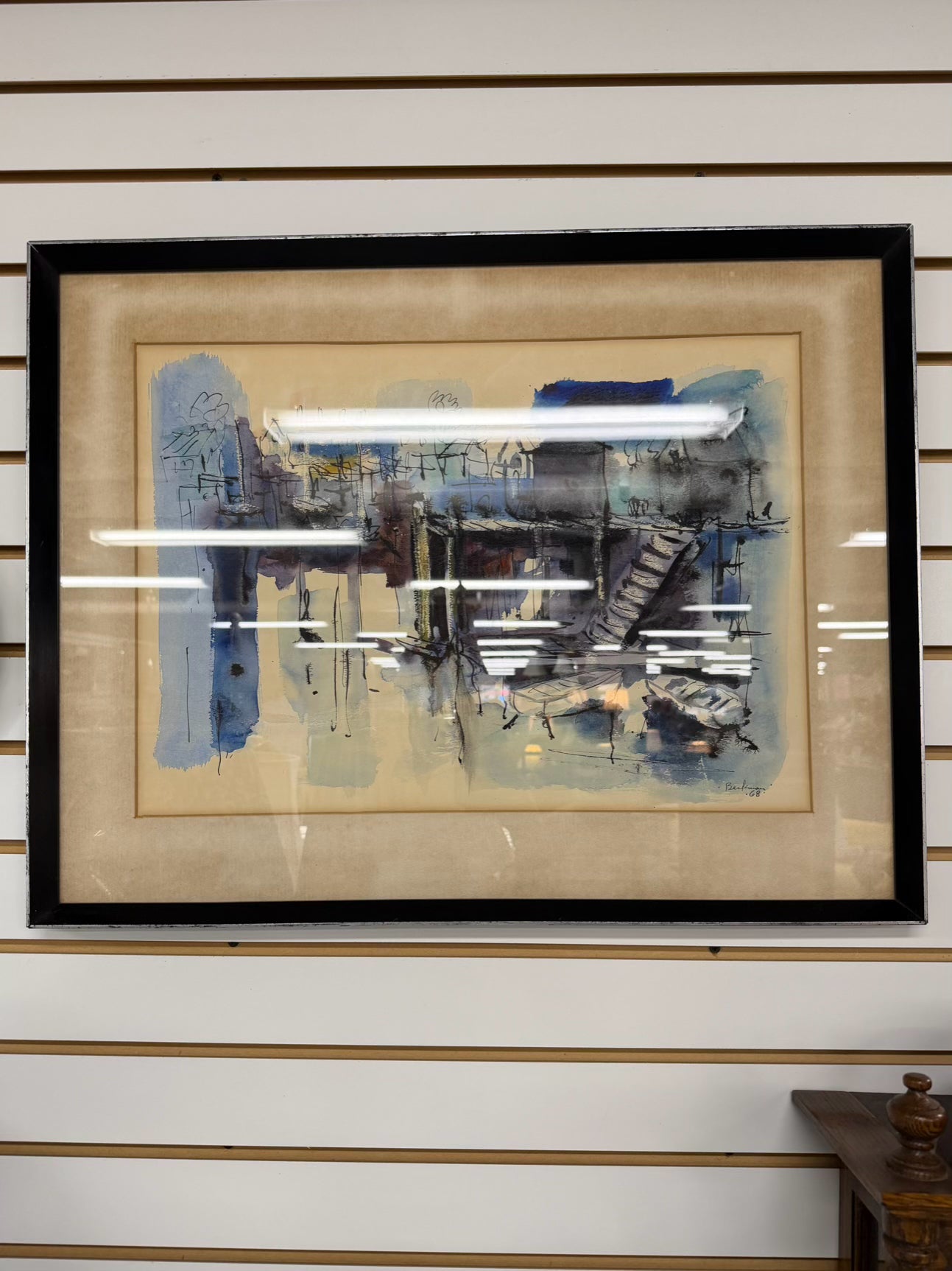 BERKMAN Abstract Waterfront Scene Watercolor In Black Frame