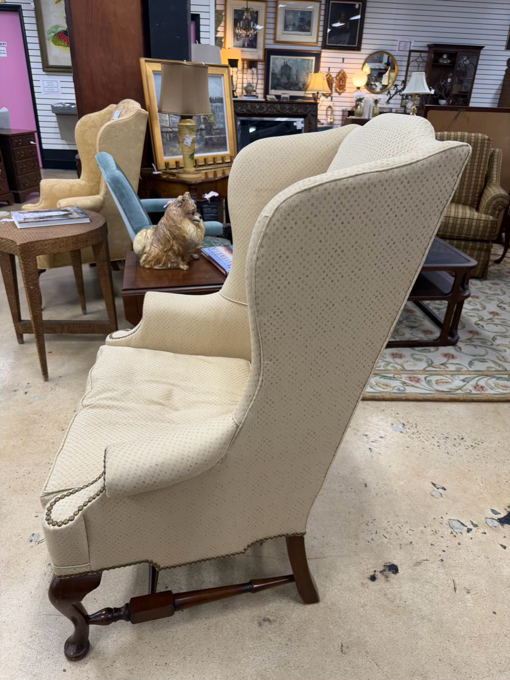 VINTAGE Queen Ann Ivory Pair Of Wingback Chairs w/ Nail Head Detail