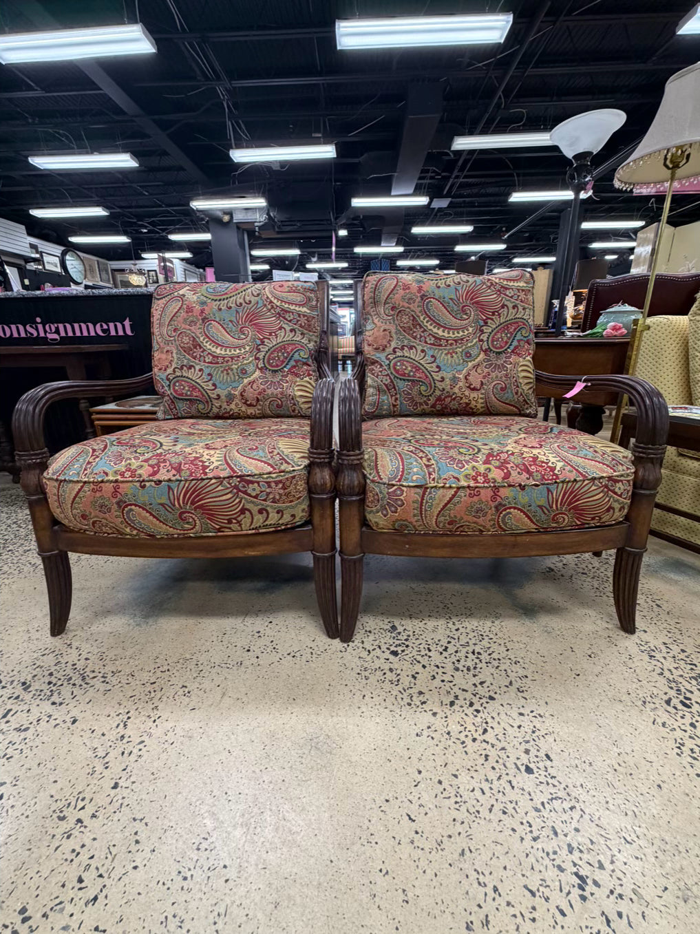 Wood Neo Classical Paisley Print Pair Of Chairs