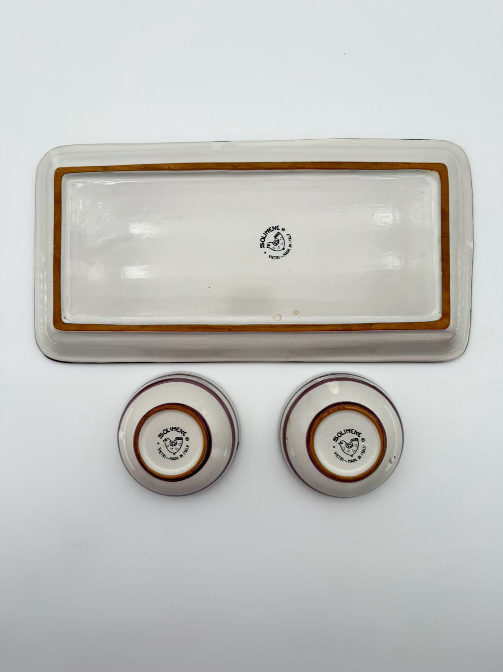 VIETRI Purple & Aqua Pottery Birds Bread Tray w/ 2 Small Oil & Vinegar Bowls