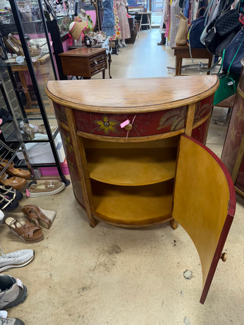 Red & Gold Demilune Birds Cabinet w/ Drawer