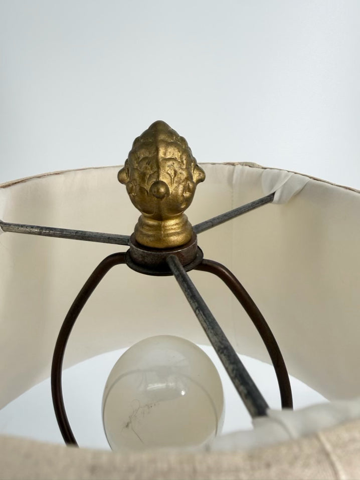 ANTIQUE Purple Glass, Brass, & Marble Lamp w/ Needlework Shade