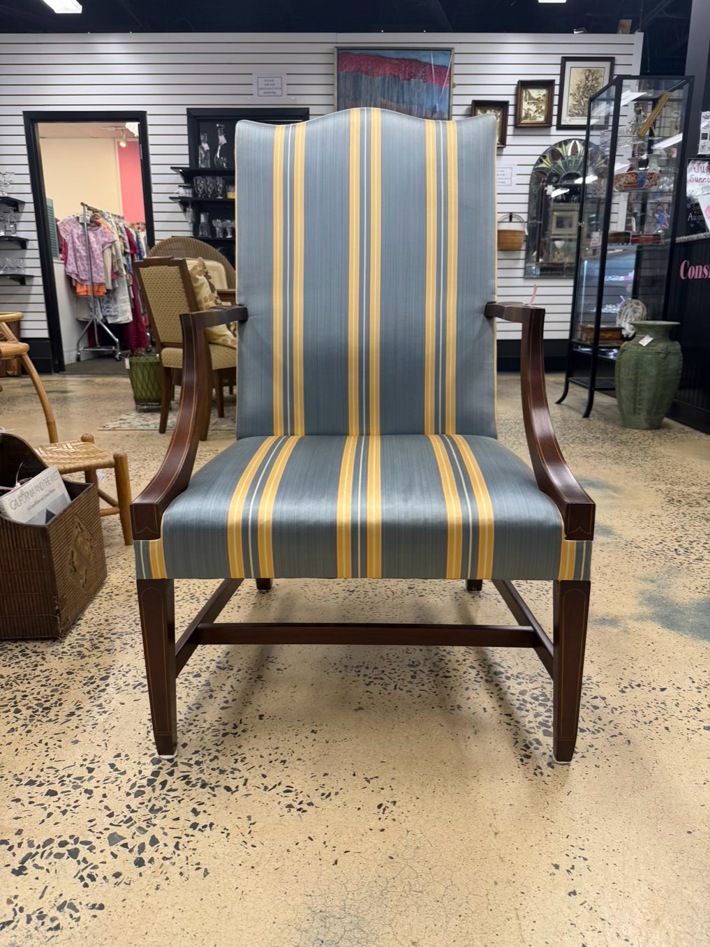 KINDEL MARTHA WASHINGTON Wood Chair w/ Blue & Yellow Stripe Fabric