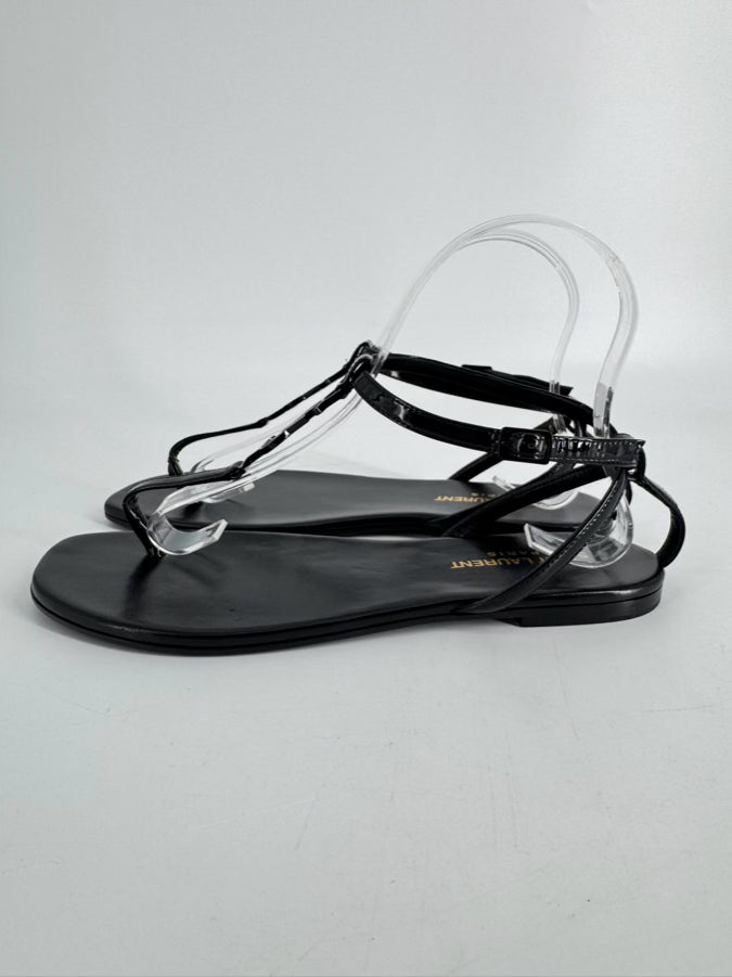 SAINT LAURENT Size 37.5 Black Leather Logo Sandals