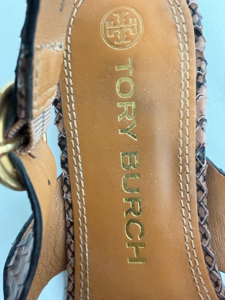 TORY BURCH Size 8.5 Brown, Mint & Orange Leather Animal Print Sandals