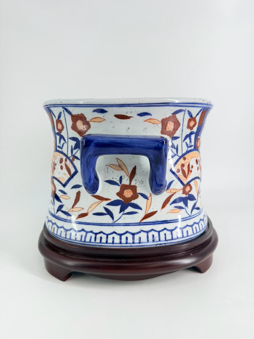 Navy, Rust & White Porcelain Foot Bath w/ Wood Base