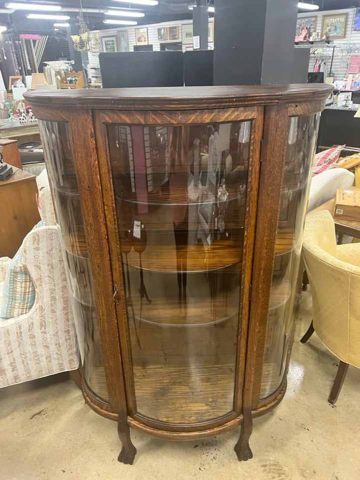 Dark Tiger Oak Bow Front China Cabinet w/ Shelves