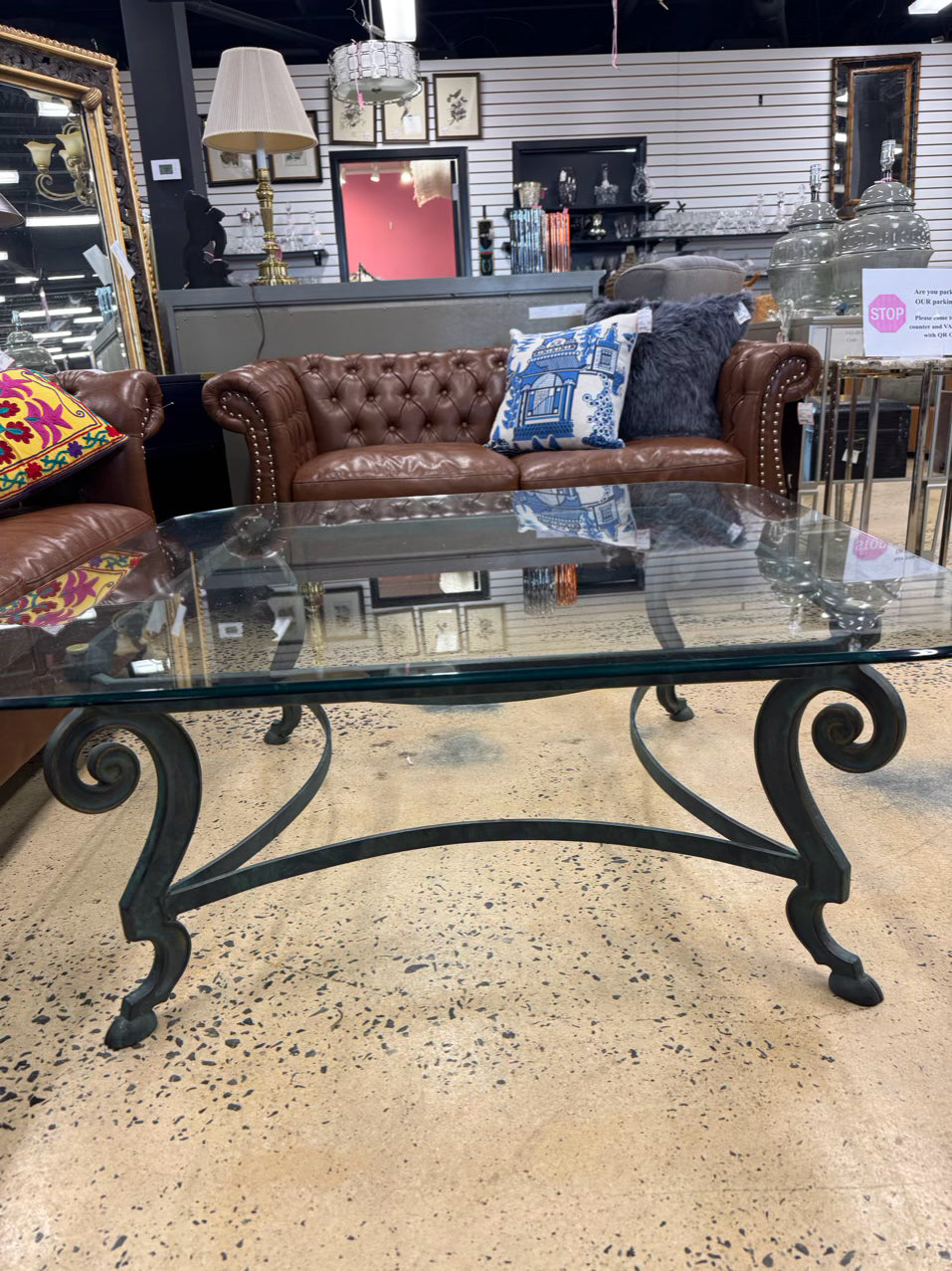 Glass & Green Metal Square Coffee Table