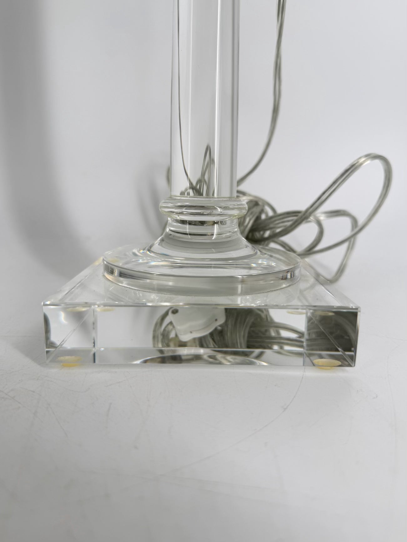Clear Acrylic Pair Of Tall Candlestick Lamps w/ Shades