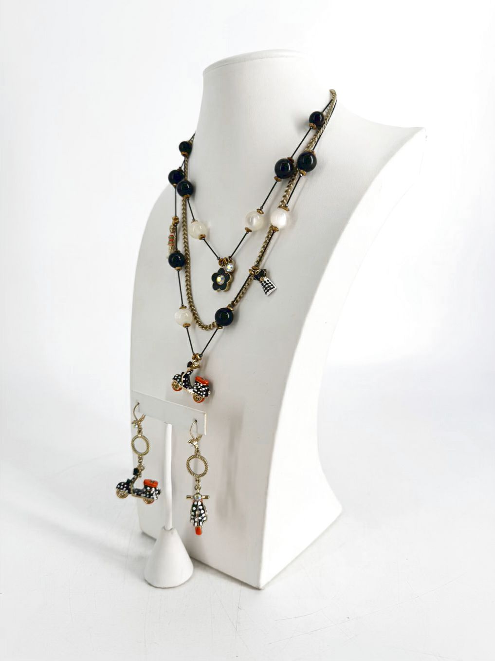 BETSY JOHNSON Black & Gold Mod Collection Polka Dot Moped Necklace & Earring Set