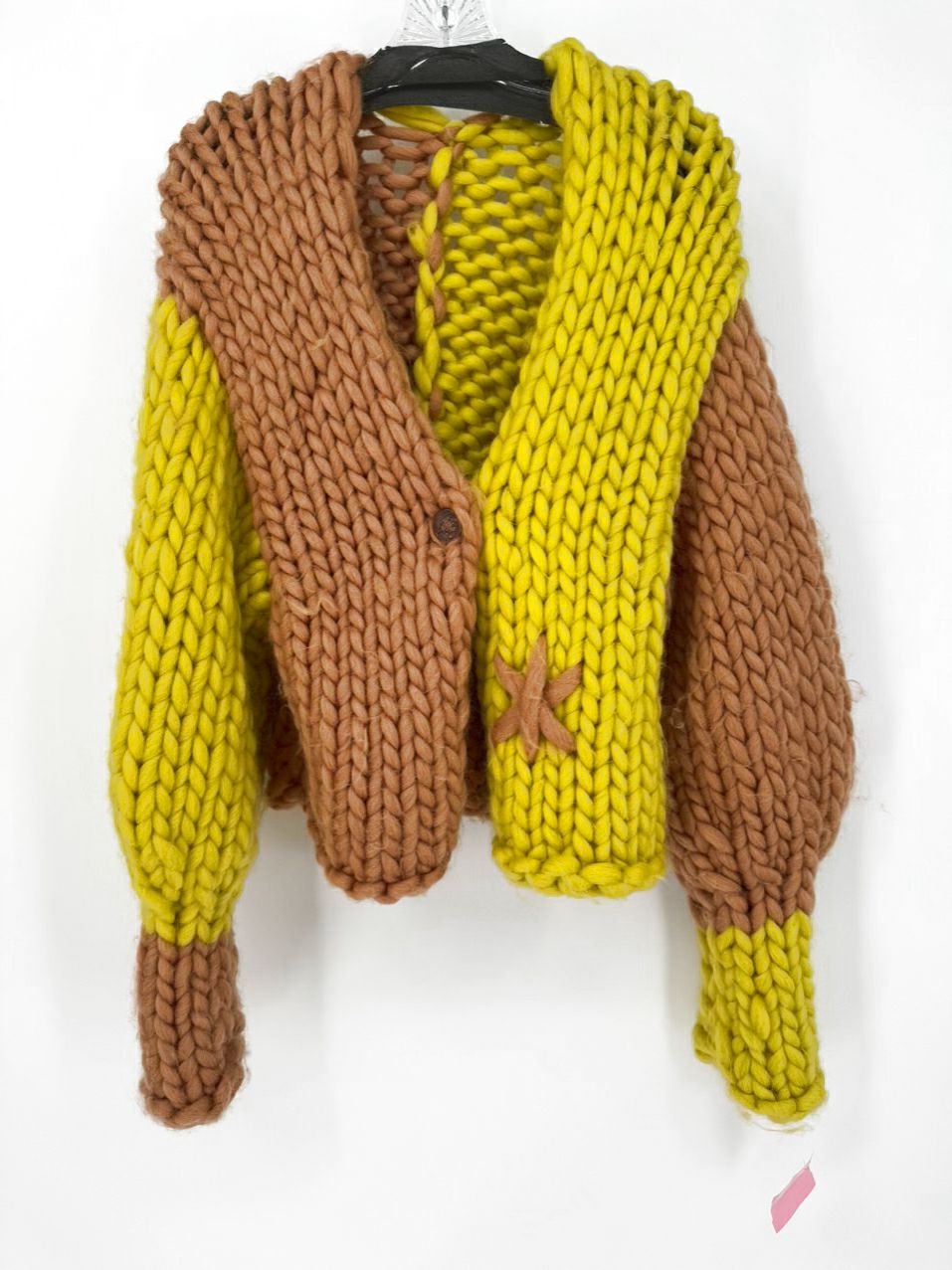 Size S Handmade Chartreuse & Tan Knit Cardigan