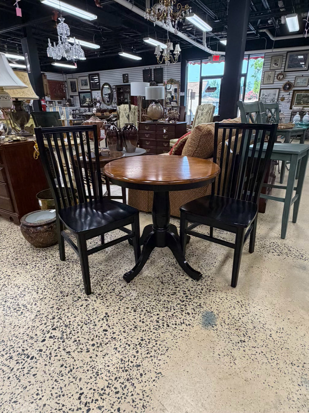 PIER 1 Black & Medium Brown Wood Round Bistro Table & 2 Chairs