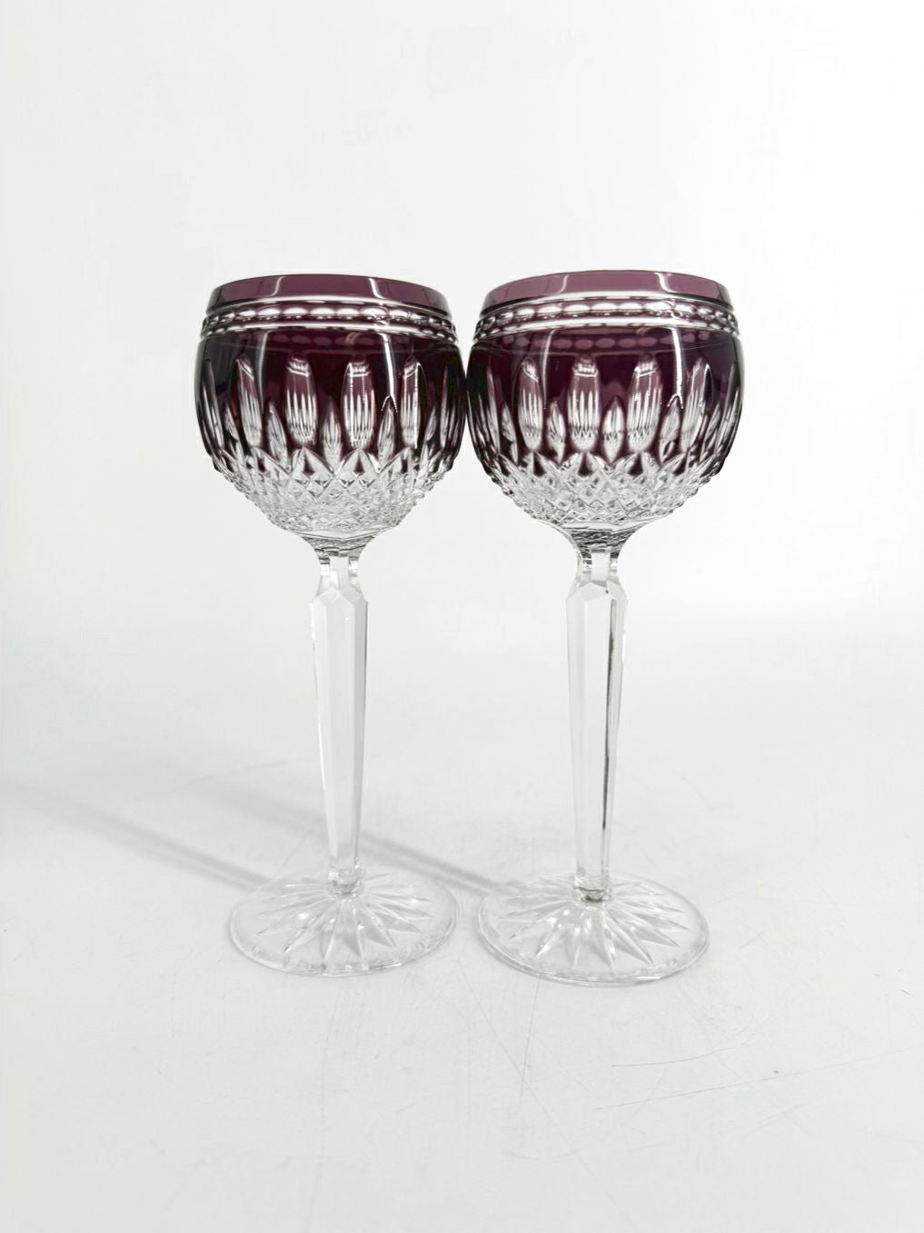 WATERFORD Clear & Purple Crystal Pair Of Wine Glasses