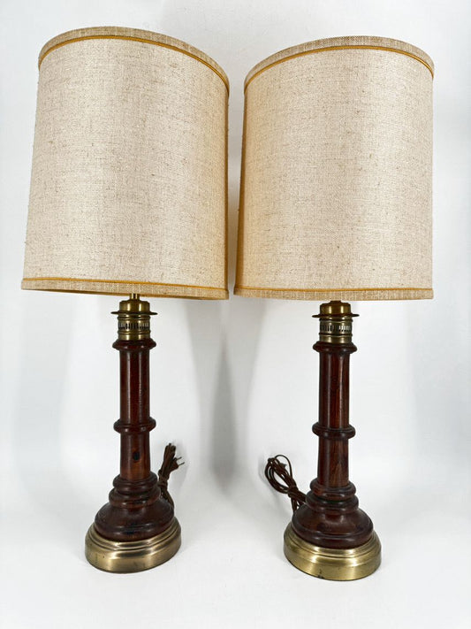 VINTAGE Wood & Brass Pair of Lamps