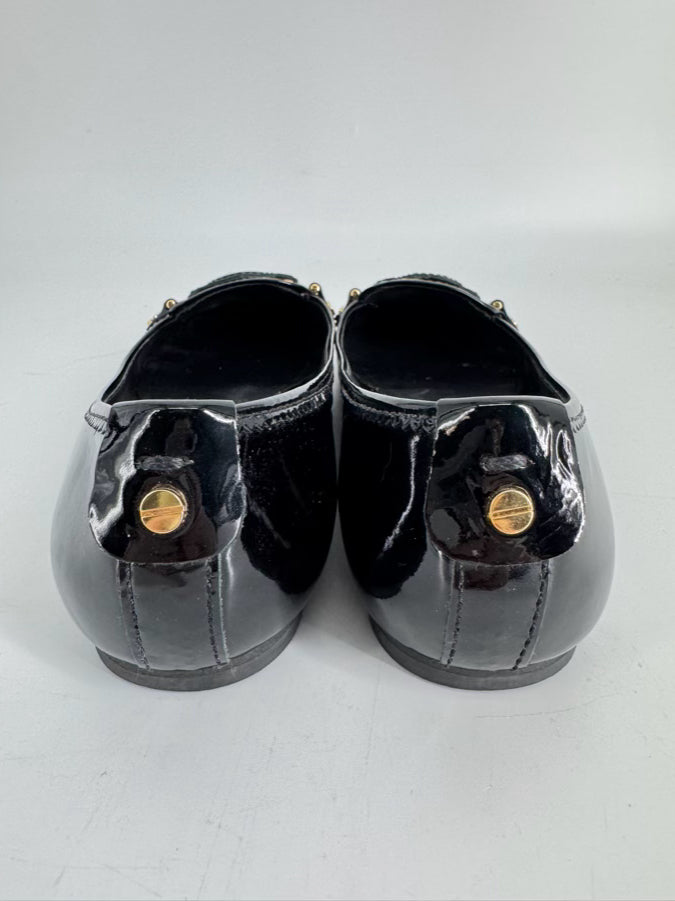 TORY BURCH Size 8 Black Leather Leopard Print Animal Hair Flats