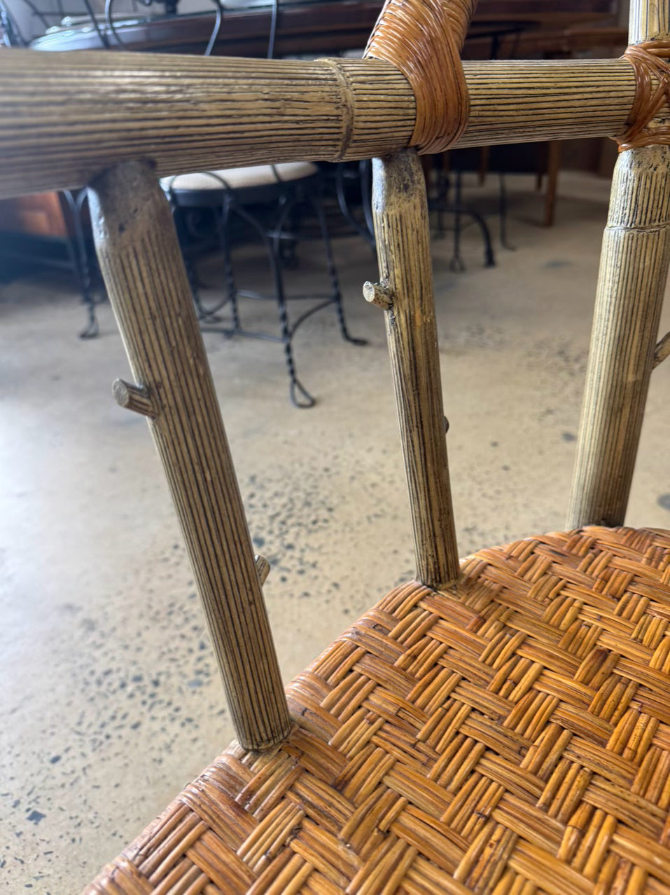 VINTAGE PALECEK Cream Bamboo Look Woven Adirondack Arm Chair