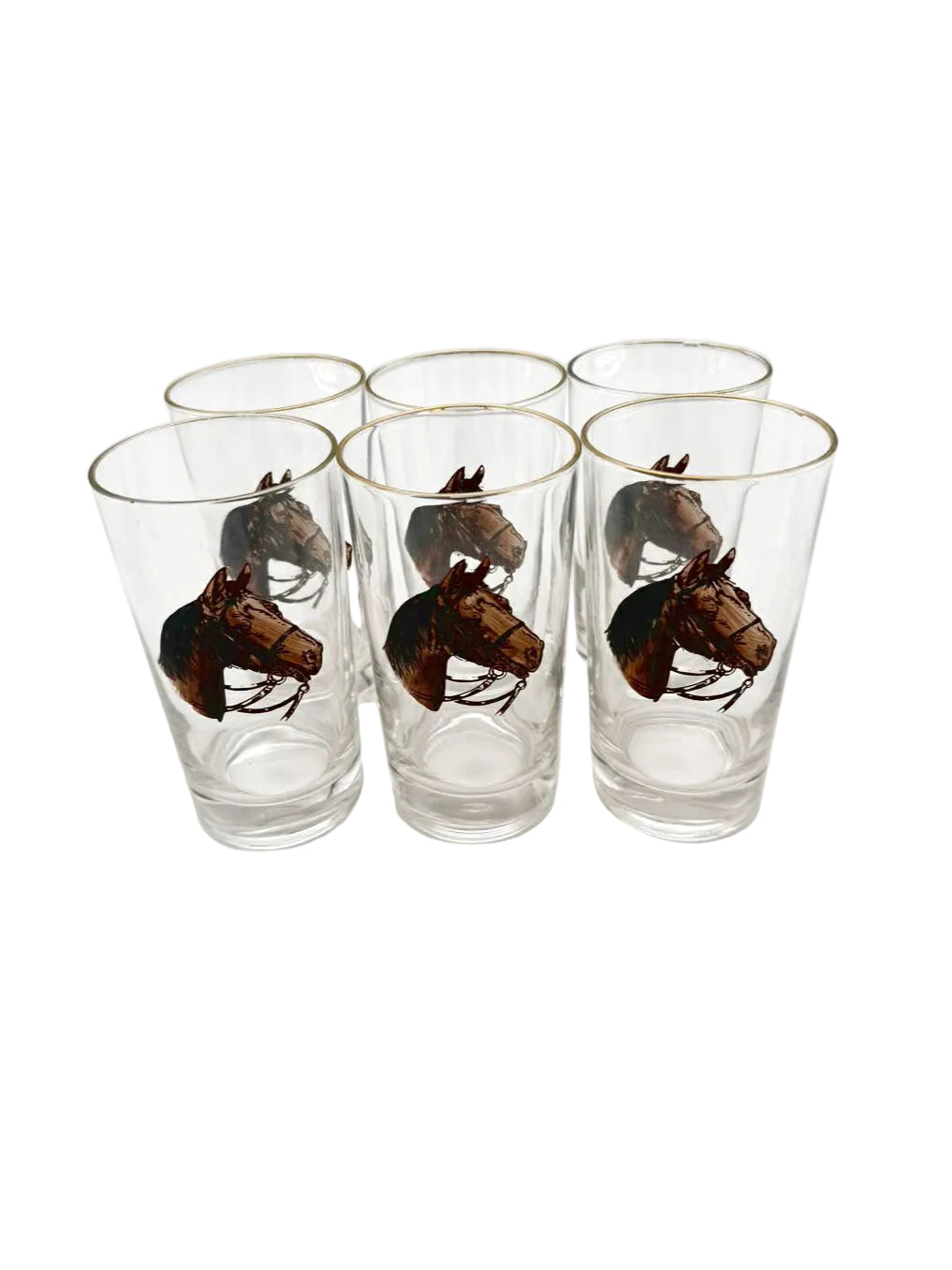 Mid-Century Horse Head Clear Glass Set Of 6 Glasses